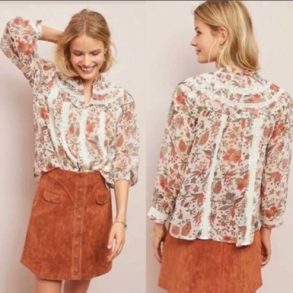 Anthropologie Feather Bone Elena Top Floral Printed Lace Sheer Blouse Button 4US - Picture 1 of 11